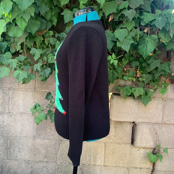 Christmas Tree Sweater L Karen Scott Petite Black Green Rhinestone Top Pullover - Picture 4 of 14